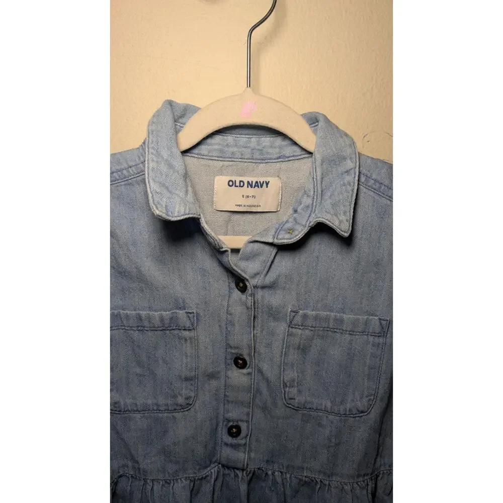 Old Navy Chambray Babydoll Dress Light Blue Long Sleeve Girls Size S 6-7